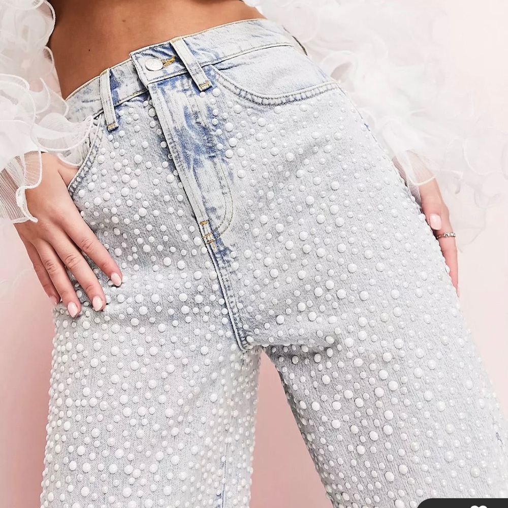 ASOS Luxe all over pearl embellished wide leg jean in light blue